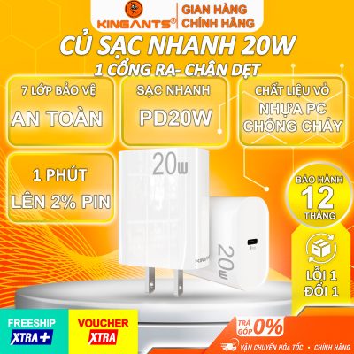 Củ Sạc Nhanh 20W Dành Cho Các Dòng SmartPhone / KC-02 DCW/B / 1 Cổng Ra Type C (chân dẹt)