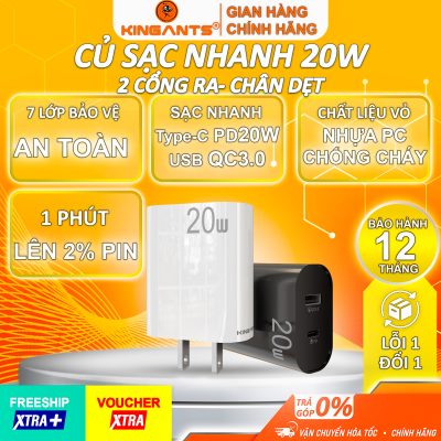 Củ Sạc Nhanh 20W Dành Cho Các Dòng SmartPhone / KC-02 DU+CW/B / 2 Cổng Ra Usb + Type C (chân dẹt)