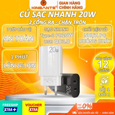Củ Sạc Nhanh 20W Dành Cho Các Dòng SmartPhone / KC-02 TU+CW/B / 2 Cổng Ra Usb + Type C (chân tròn)