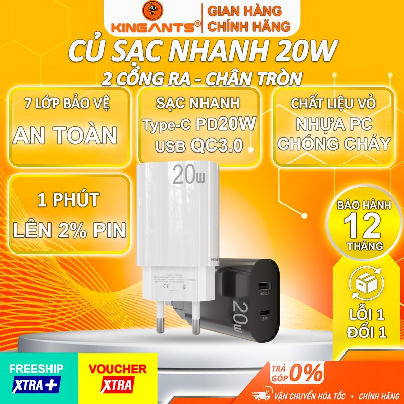 Củ Sạc Nhanh 20W Dành Cho Các Dòng SmartPhone / KC-02 TU+CW/B / 2 Cổng Ra Usb + Type C (chân tròn)