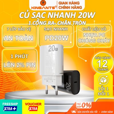 Củ Sạc Nhanh 20W Dành Cho Các Dòng SmartPhone / KC-02 TCW/B / 1 Cổng Ra Type C (chân tròn)