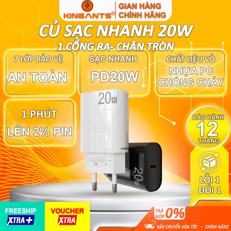 Củ Sạc Nhanh 20W Dành Cho Các Dòng SmartPhone / KC-02 TCW/B / 1 Cổng Ra Type C (chân tròn)