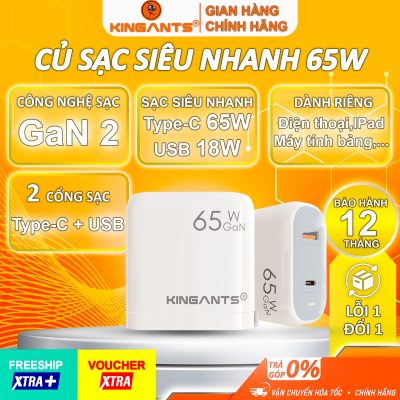 Củ Sạc Nhanh 65W Dành Cho iPad, Macbook, Laptop / KA-02U+CW / 2 Cổng Ra Usb + Type C