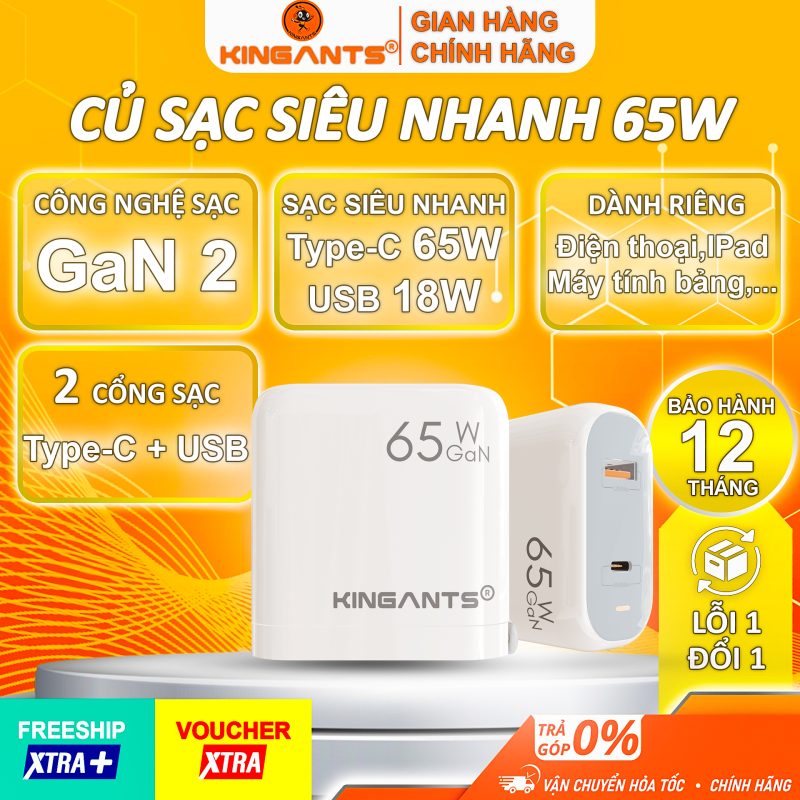 Củ Sạc Nhanh 65W Dành Cho iPad, Macbook, Laptop / KA-02U+CW / 2 Cổng Ra Usb + Type C