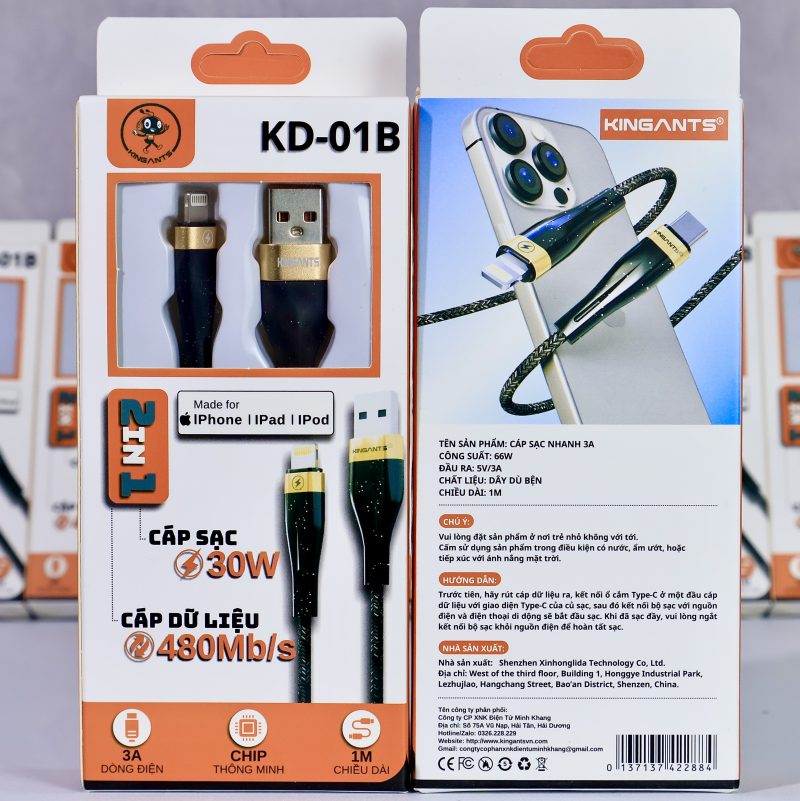 CÁP SẠC NHANH 3A Công Suất Cao KD-01B Dành Cho IP/IPad/IPod-Chính Hãng KINGANTS