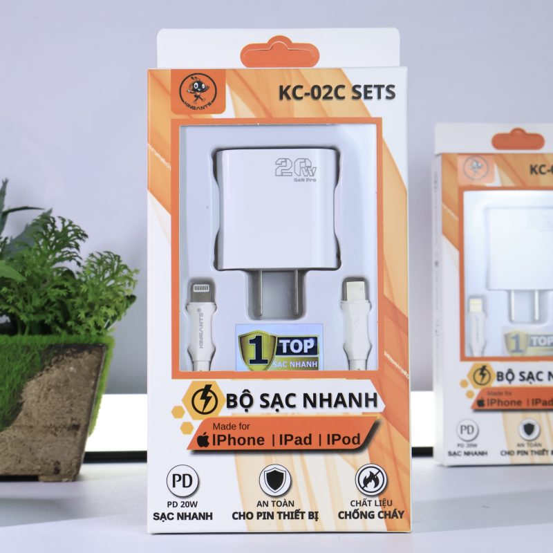 BỘ SẠC NHANH 20W CHÂN DẸT DÀNH CHO CÁC DÒNG MÁY IP-BỘ SẠC NHANH KC-02C SETS CHÍNH HÃNG KINGANTS