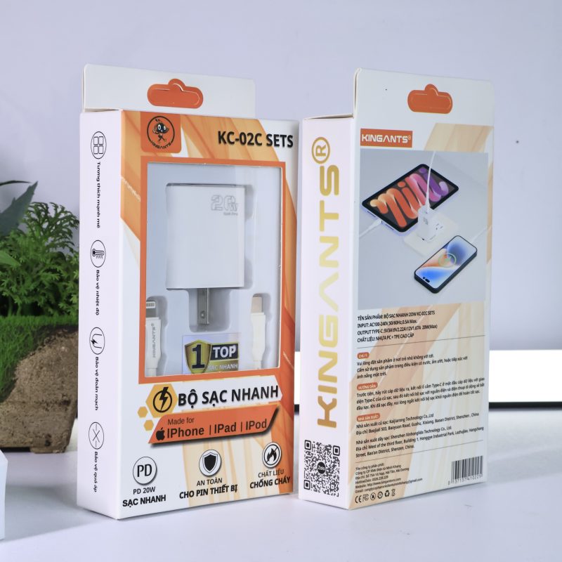 BỘ SẠC NHANH 20W CHÂN DẸT DÀNH CHO CÁC DÒNG MÁY IP-BỘ SẠC NHANH KC-02C SETS CHÍNH HÃNG KINGANTS