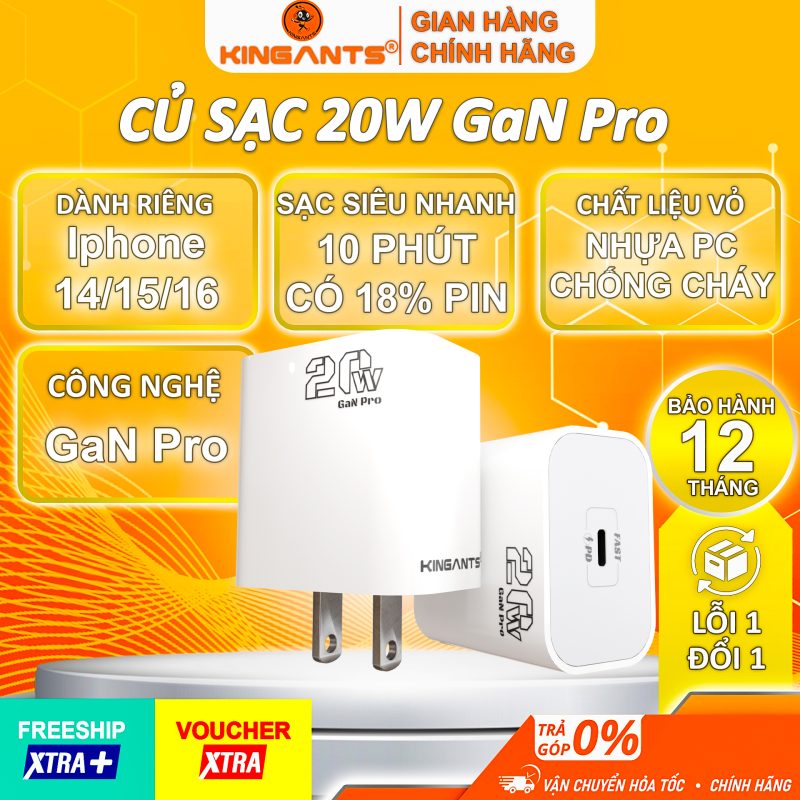 CỦ SẠC NHANH 20W GaN Pro Dành Cho Các Dòng SmartPhone / KC-02 DCW/ Cổng Ra Type C (chân dẹt)-chính hãng KINGANTS