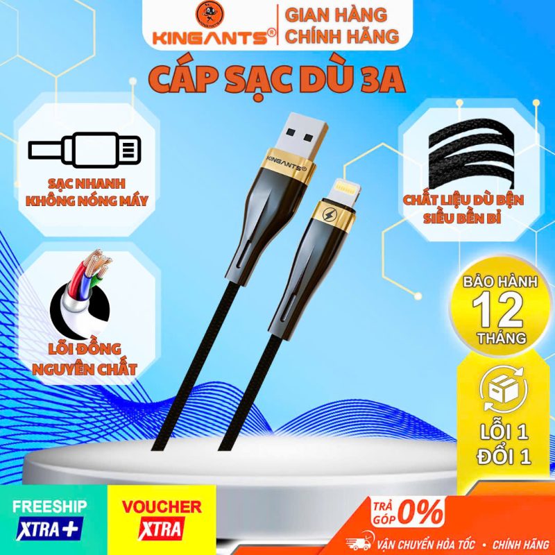 CÁP SẠC NHANH 3A Công Suất Cao KD-01B Dành Cho IP/IPad/IPod-Chính Hãng KINGANTS