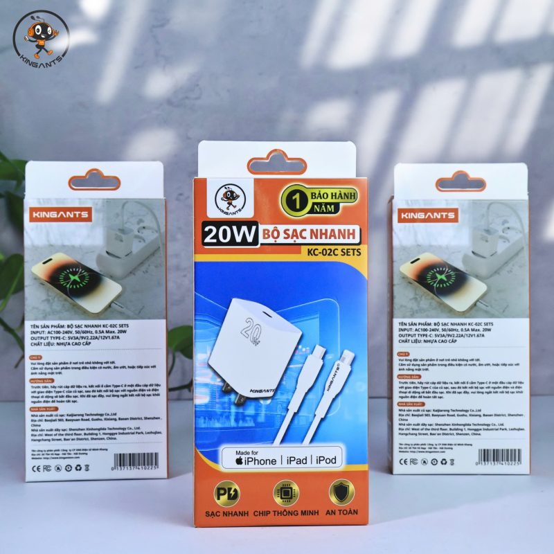 BỘ SẠC NHANH 20W CHUYÊN DỤNG IPHONE CHÍNH HÃNG KINGANTS
