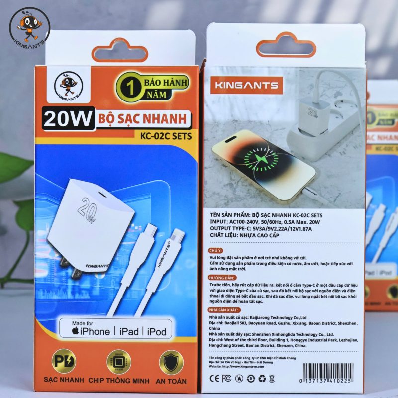 BỘ SẠC NHANH 20W CHUYÊN DỤNG IPHONE CHÍNH HÃNG KINGANTS